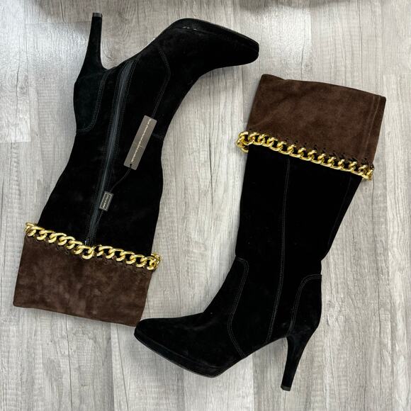 Carisma Made In Italy Black andBrown Suede Gold Chain Tall Boots Size 8 - Picture 3 of 8